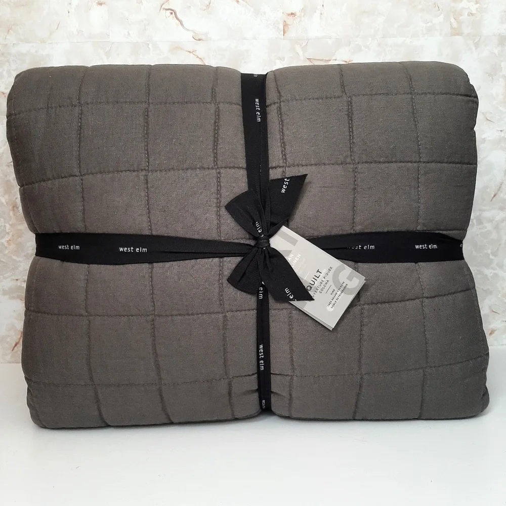 West Elm Belgian Flax Linen Frayed Edge King Quilt Slate
